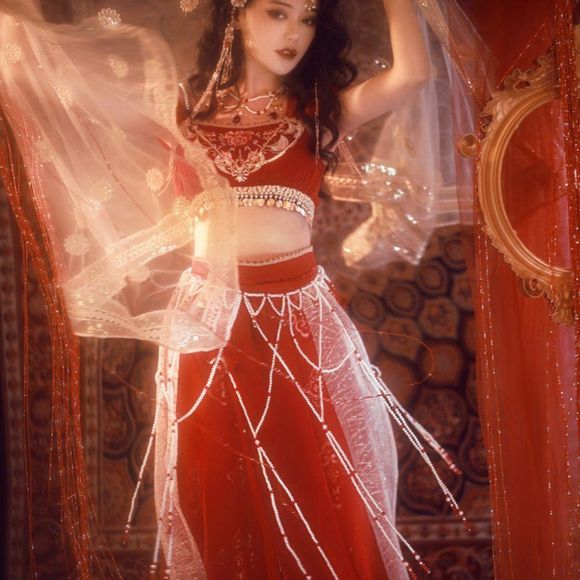 Arabian Embroidered Dancing Gown | Women Top Pants Veil Waist Chain Costume - Picture 3 of 7